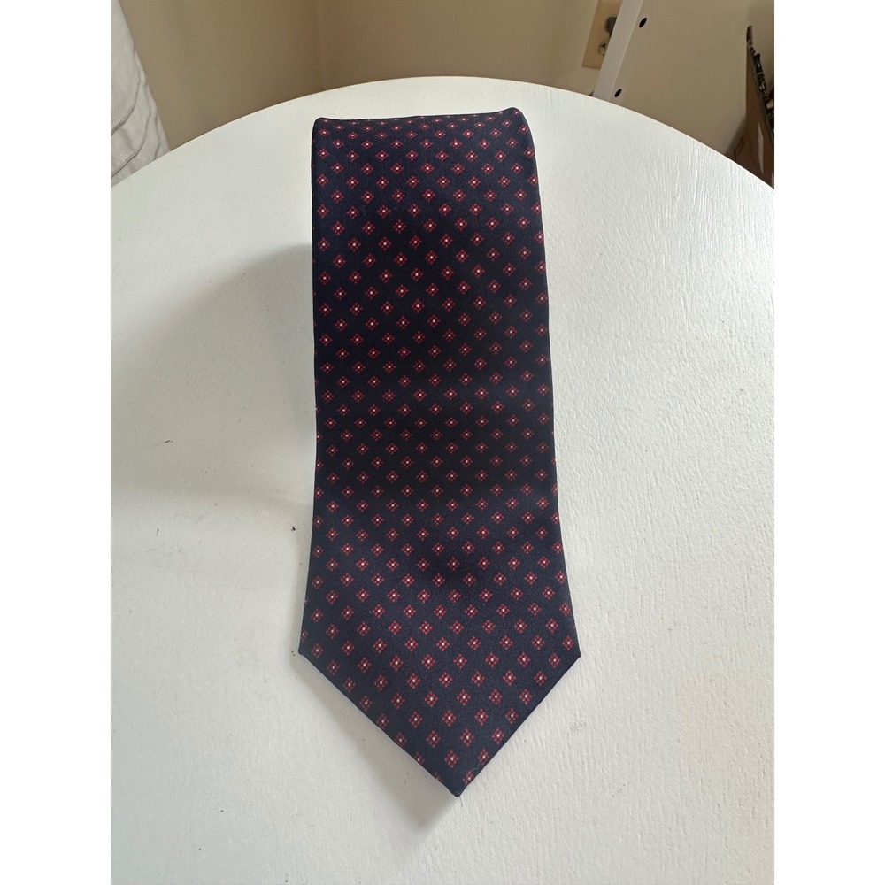 Hardy Amies London Mens Silk Tie Navy Blue Red Geometric Diamond Pattern Necktie